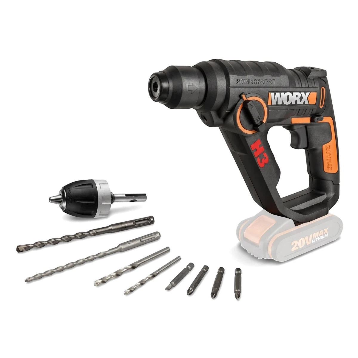 Black and orange 20V Powershare cordless rotary hammer drill with multiple drill and driver bits shown from an elevated view.