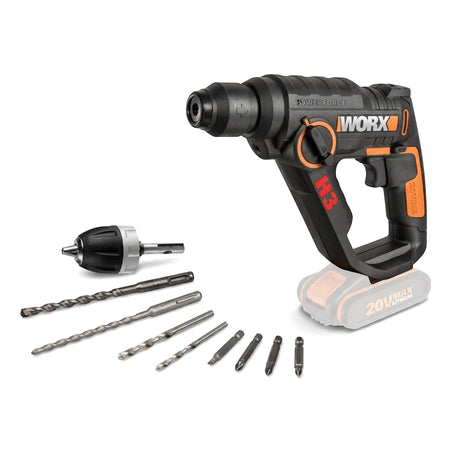 Black and orange 20V Powershare cordless rotary hammer drill with multiple drill and driver bits shown from an elevated view.