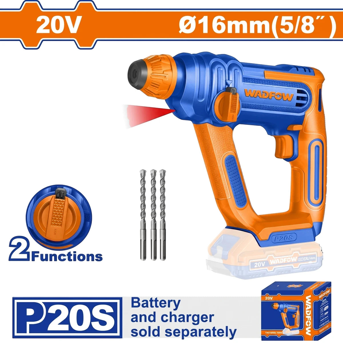 20V Powershare cordless rotary hammer drill in blue and orange with three drill bits and its product packaging.