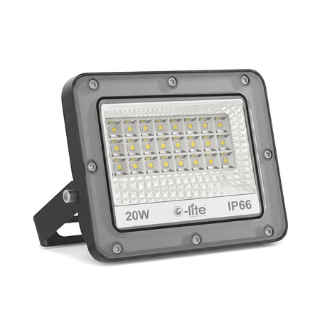 20W grey LED flood light with an IP66 rating, cool white, providing 2000 lumens, shown angled on a white background.