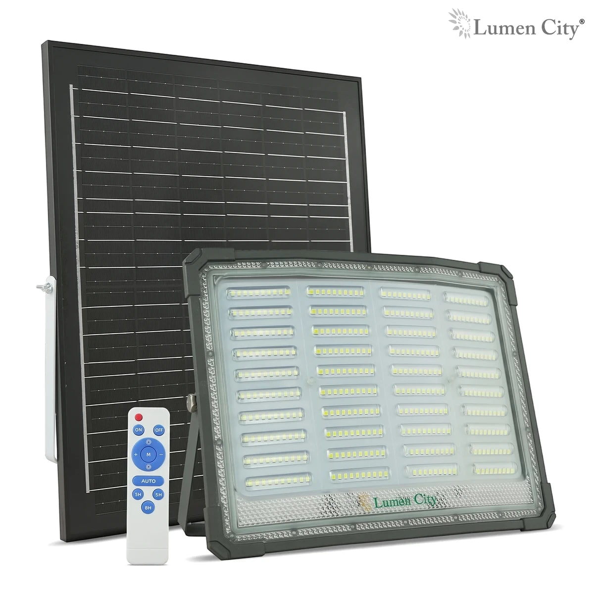 A 20W LED solar floodlight with accompanying solar panel and white remote control, shown ready for outdoor installation.