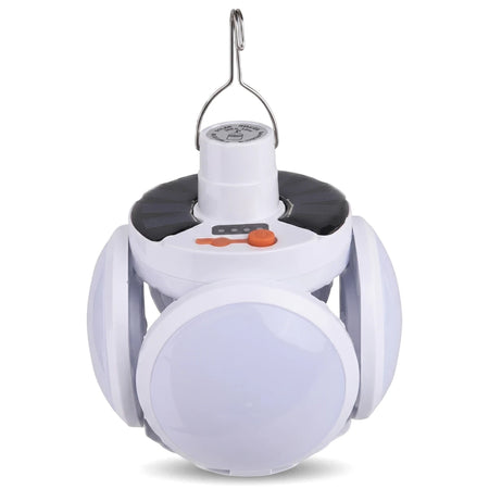 White 20W LED solar bulb with foldable panels and a metal hanging hook for portable outdoor lighting.