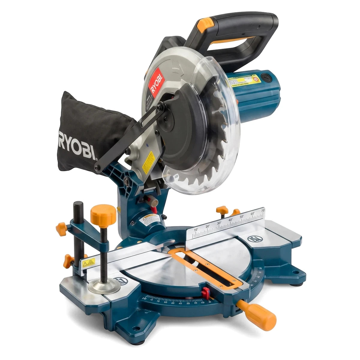 A 210mm 1200W compound mitre saw in dark blue and silver, featuring a large blade and dust bag.