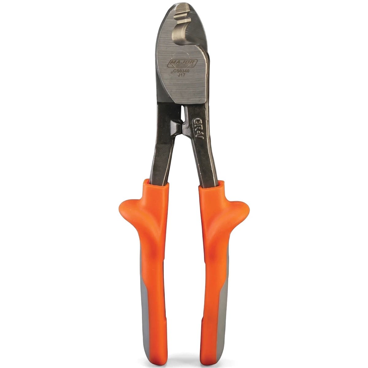 215mm cable shears with sharp metallic blades and ergonomic orange and gray handles, shown vertically on a white background.