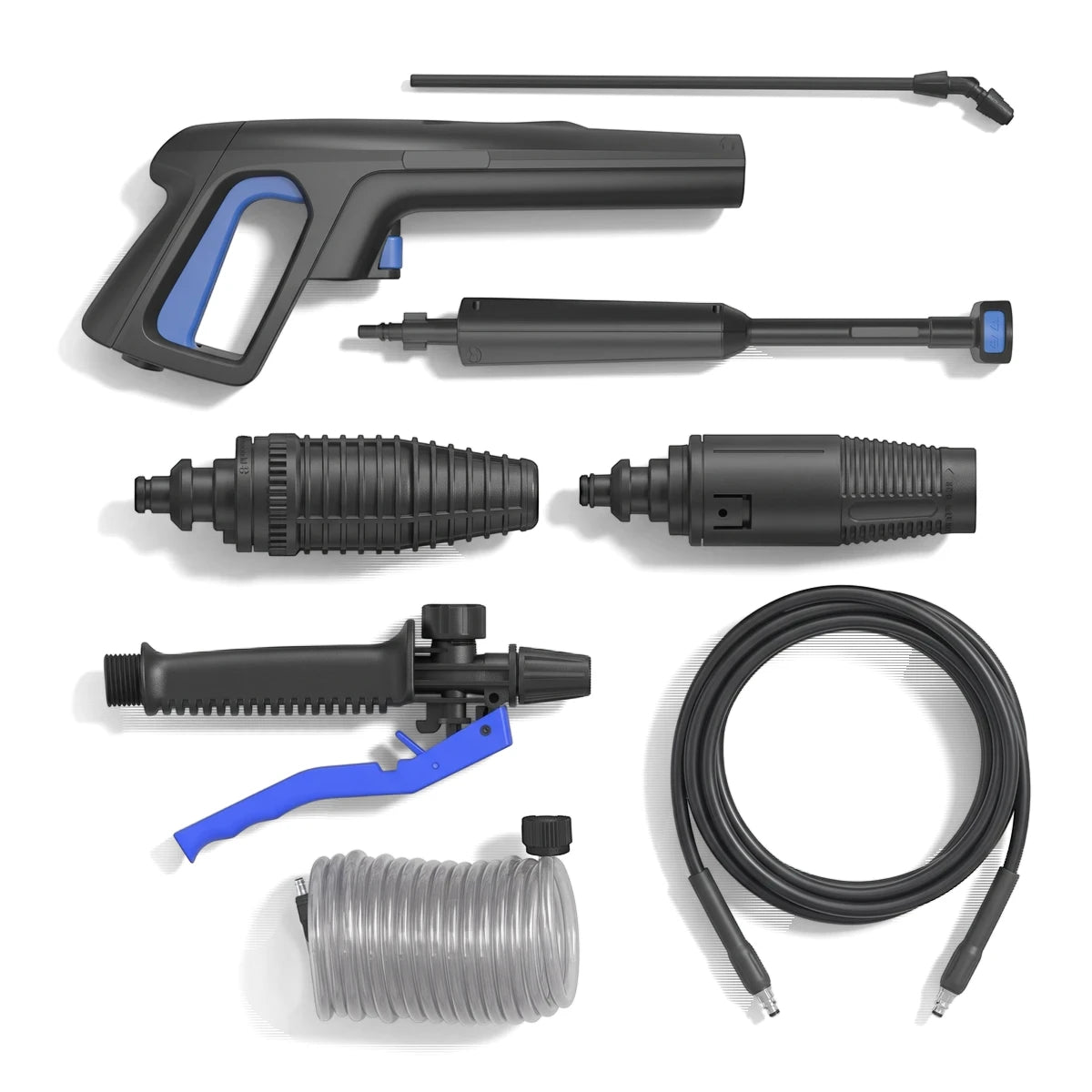 2200W 160 Bar Universal Motor Dhs Pressure Washer kit in a flat lay arrangement, showing the black and blue spray gun, hose,