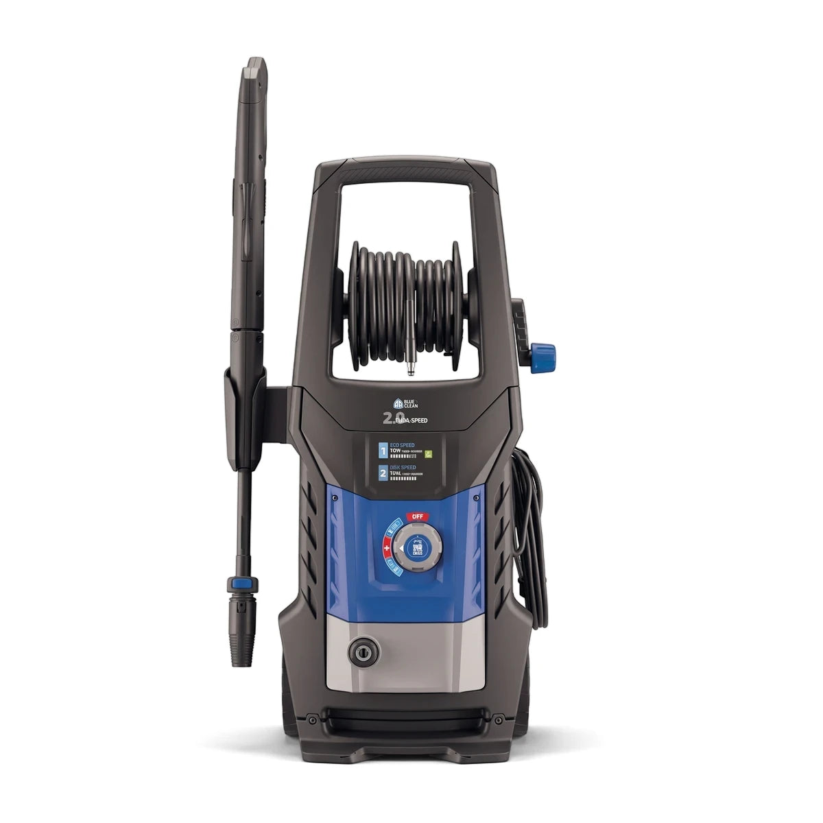 Black and blue 2200W, 160 Bar Universal Motor Dss Pressure Washer shown from the front with a coiled hose and pressure gun.