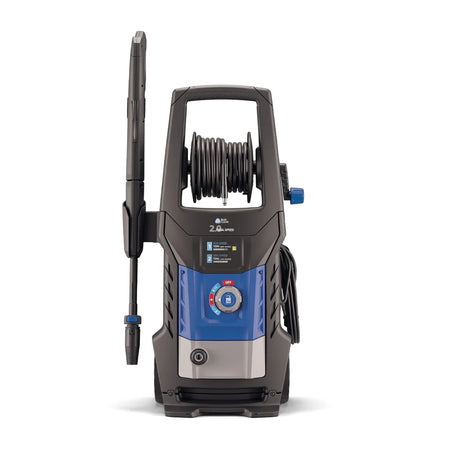 Black and blue 2200W, 160 Bar Universal Motor Dss Pressure Washer shown from the front with a coiled hose and pressure gun.