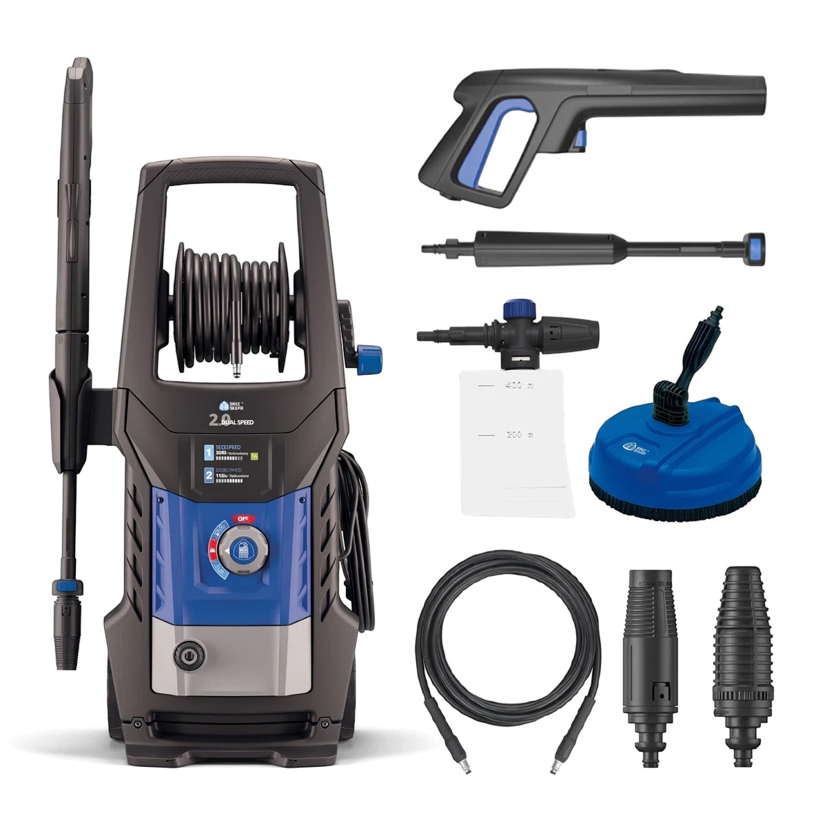 Black and blue 2200W, 160 Bar Universal Motor DSS Pressure Washer kit with hose reel, spray gun, patio cleaner, and various