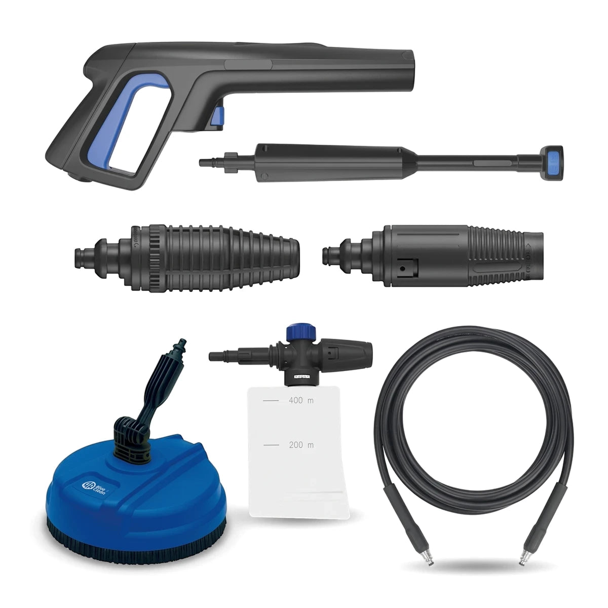 2200W 160 Bar Universal Motor Dss Pressure Washer kit including gun, lance, nozzles, surface cleaner, detergent tank, and