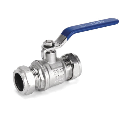 22mm Ball-O-Stop long lever ball valve featuring a silver metallic body and a blue handle for plumbing applications.
