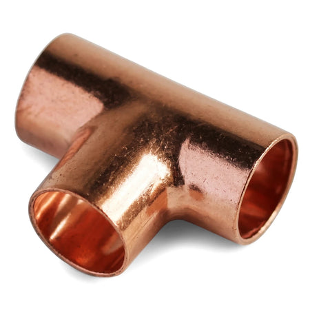 22mm copper equal tee pipe fitting, shown angled on a plain white background, highlighting its three open connections.
