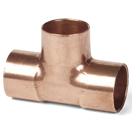 A close-up view of a 22mm copper equal tee plumbing fitting, showcasing its T-shaped design and metallic finish.