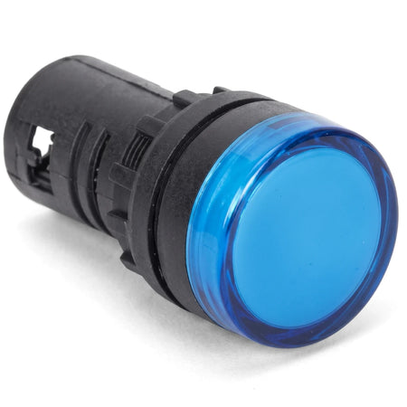 230V blue LED pilot light, a cylindrical electrical indicator with a translucent blue lens, angled view.