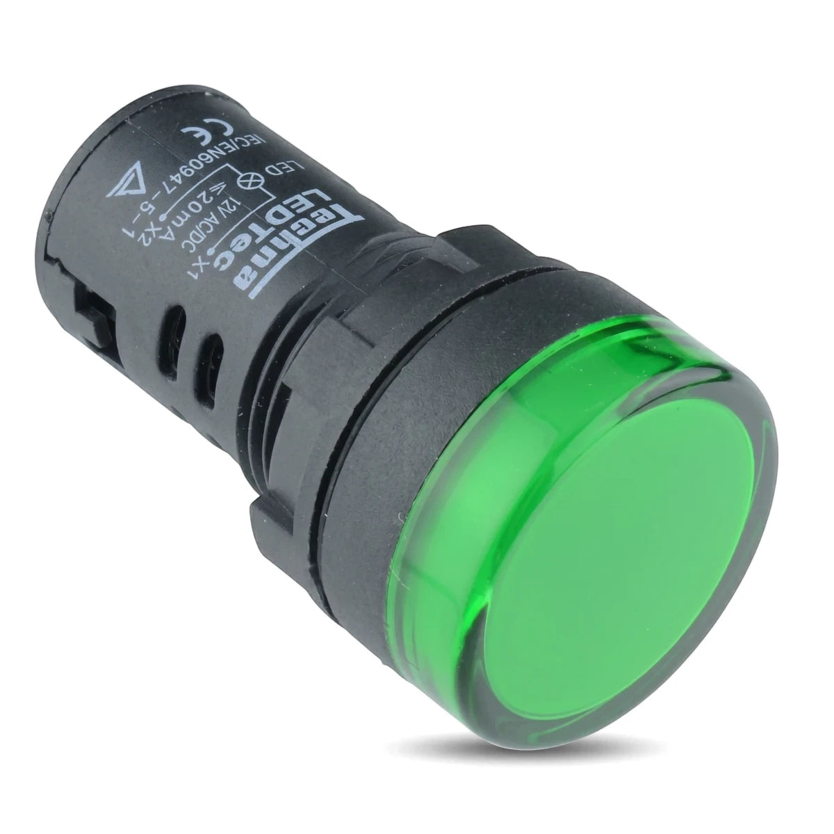 230V green LED pilot light with a black cylindrical body and clear green translucent lens, angled view.