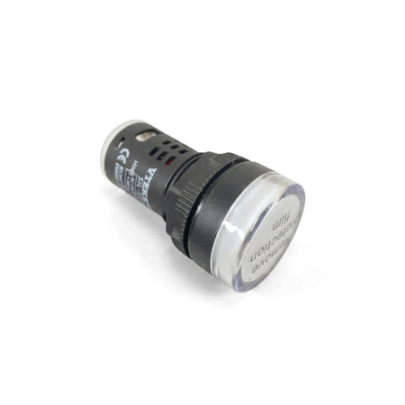 230V white LED pilot light with a black body and clear cap, shown from an angled perspective, ideal for industrial panels.
