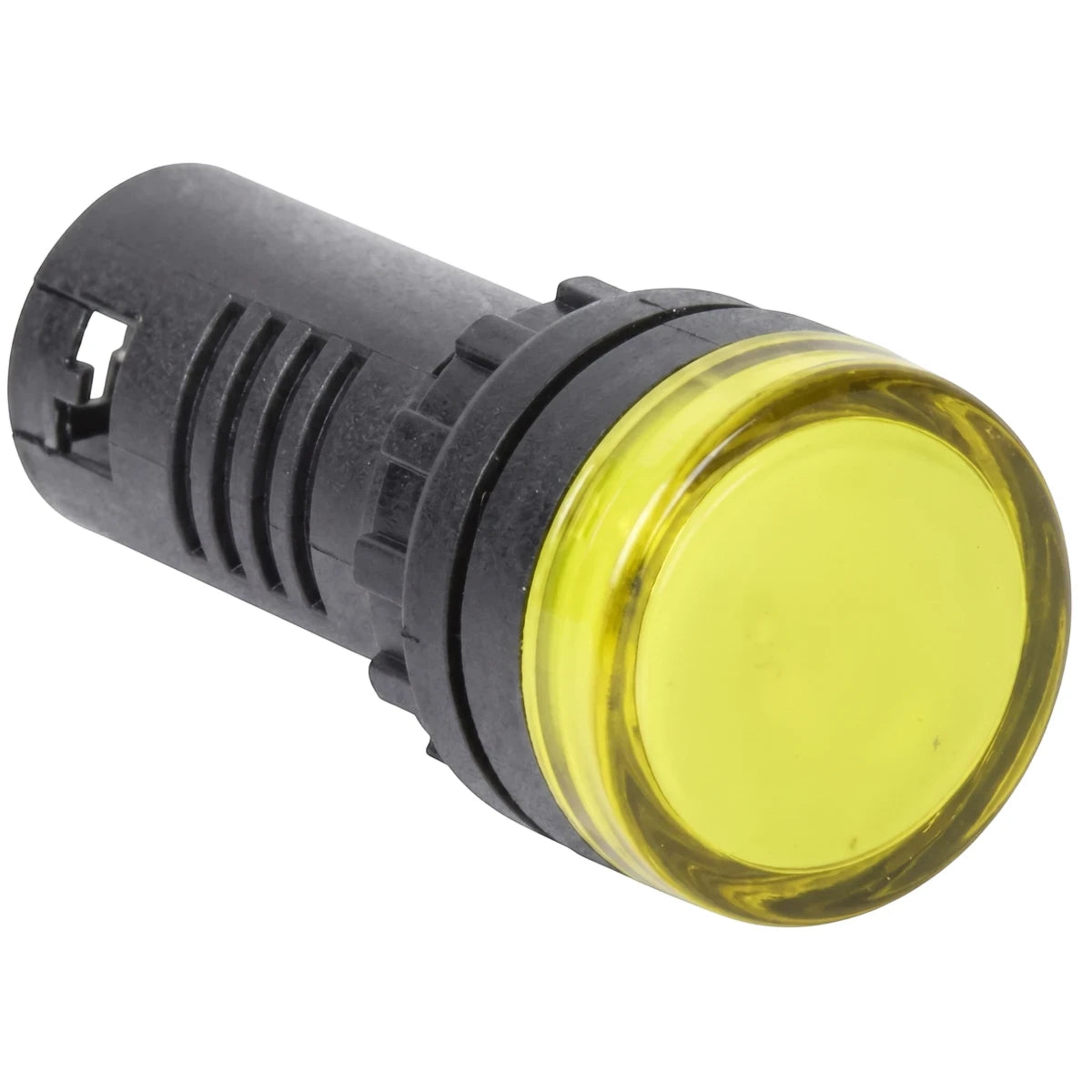 230V yellow LED pilot light with a cylindrical black body and a bright yellow lens, angled view.