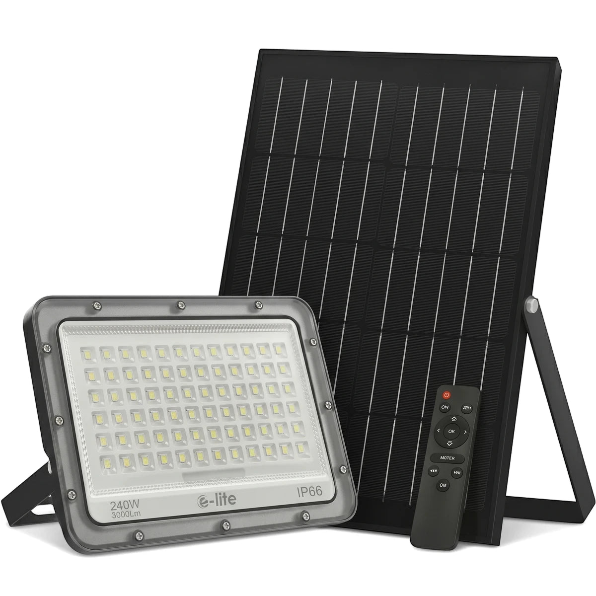 240W Grey Solar Flood Light Cool White 3000Lm with a black rectangular solar panel and remote control.