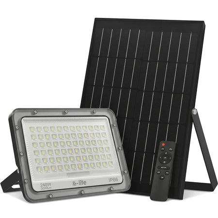 240W Grey Solar Flood Light Cool White 3000Lm with a black rectangular solar panel and remote control.