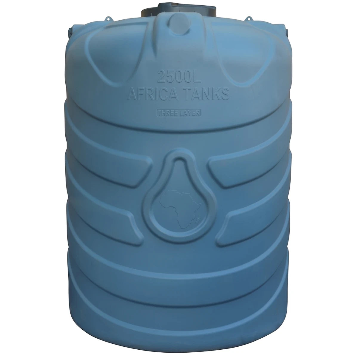 Large blue-grey 2500L PVC water tank featuring a ribbed design and 'Africa Tanks' branding, shown standing upright.