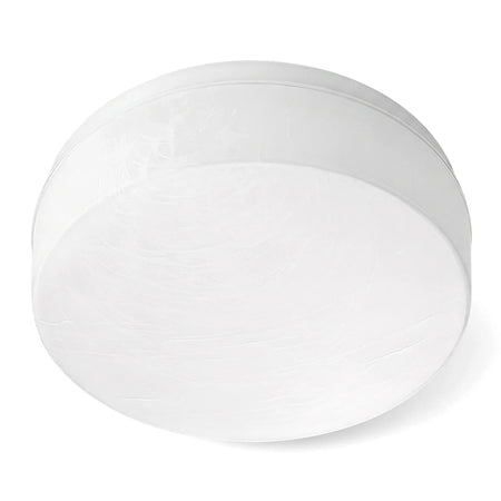 White 250mm LED ceiling light with a metal base and a round alabaster poly cover, designed for flush mount installation.