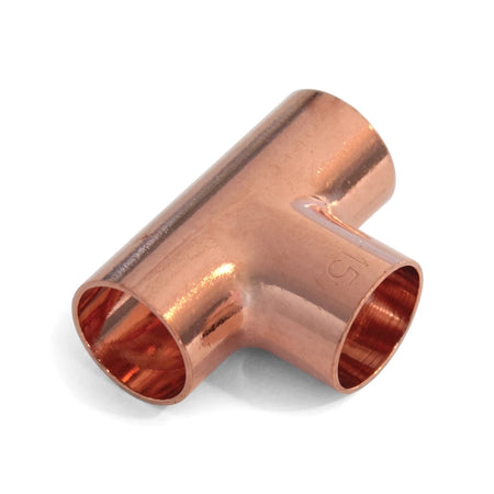 25mm copper equal tee plumbing fitting, seen from an angled view, showcasing its T-shape and three open ends.