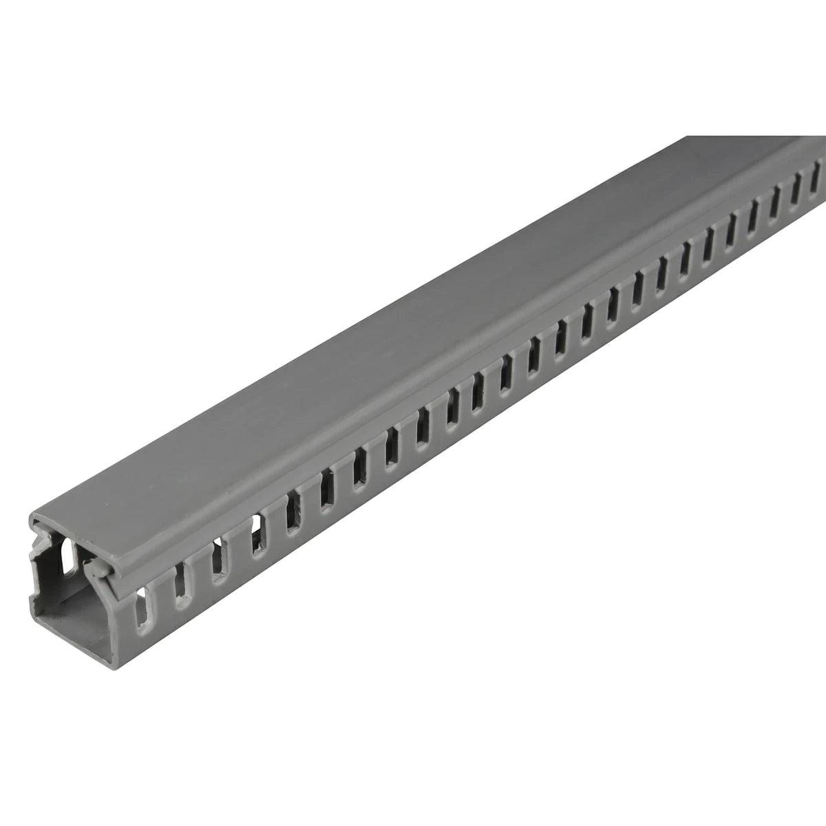25X25 Slotted Trunking grey PVC cable duct with snap-on lid and slotted sides, shown in angled side view
