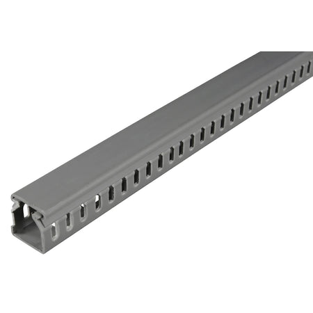 25X25 Slotted Trunking grey PVC cable duct with snap-on lid and slotted sides, shown in angled side view