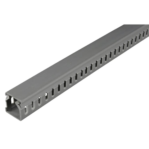 25X25 Slotted Trunking grey PVC cable duct with snap-on lid and slotted sides, shown in angled side view