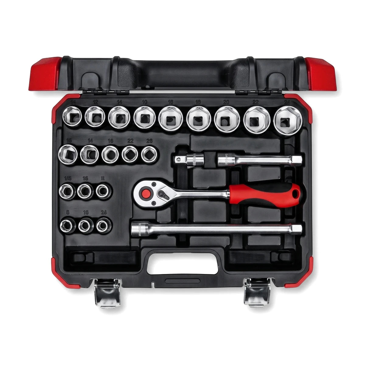 Open 26-piece 1/4-inch drive metric socket set with chrome tools, including a red-handled ratchet, in a red and black case.
