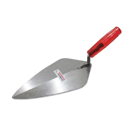 275mm brick trowel with a polished metal blade and a bright red plastic handle, used for masonry work.