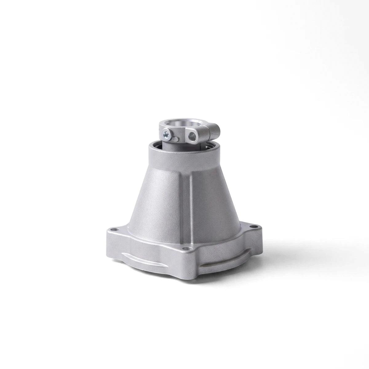 Silver metal 28mm clutch housing, with a conical base and cylindrical top, showcasing attachment points and screws. Front