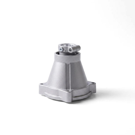 Silver metal 28mm clutch housing, with a conical base and cylindrical top, showcasing attachment points and screws. Front