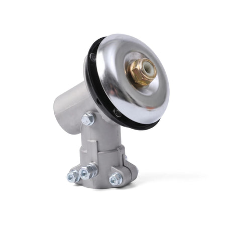 Silver 28mm Gear Case Assembly for brush cutters, shown angled on a white background, highlighting its metallic finish and