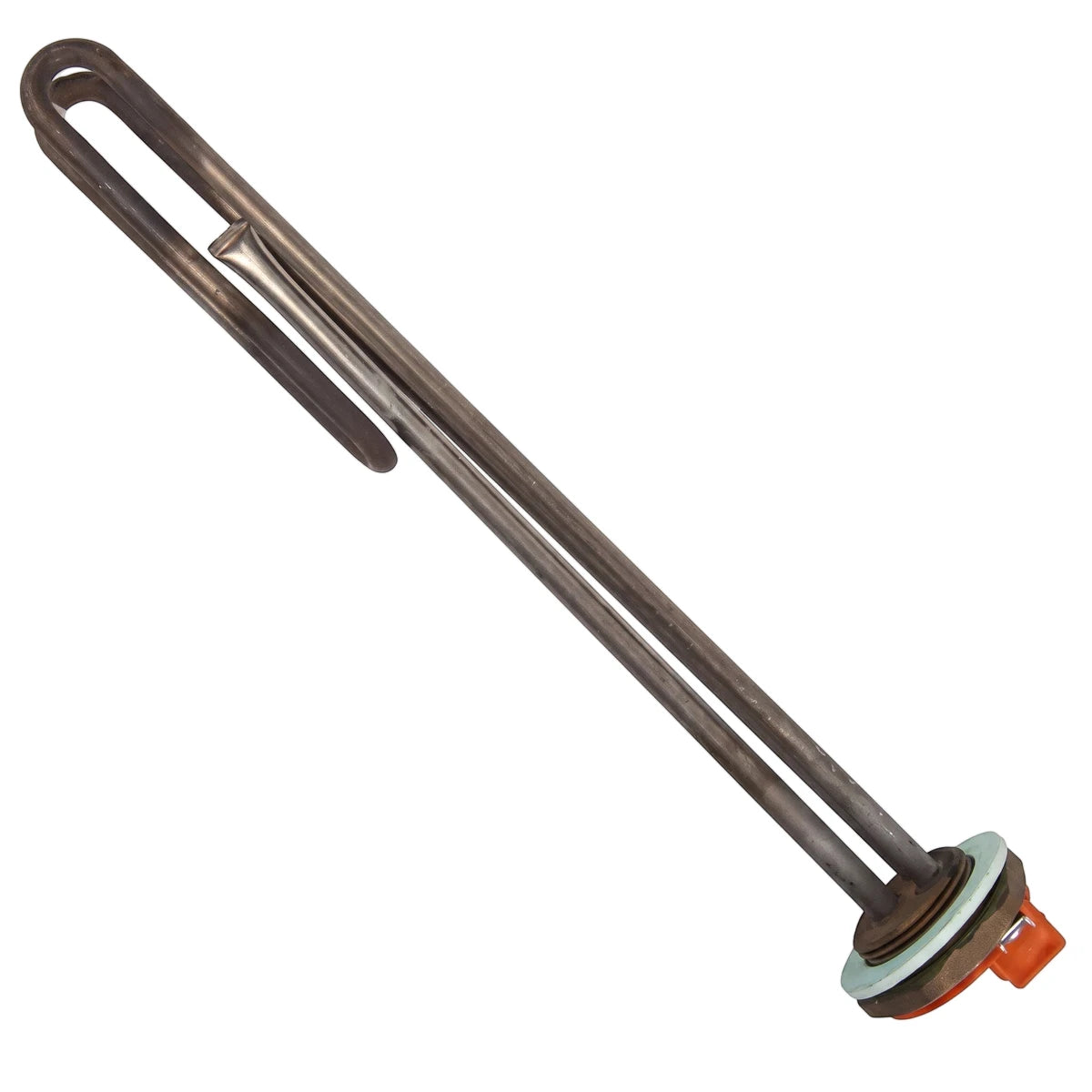 2Kw Boss Hard Water Element Geyser Element, a metallic U-shaped heating rod with a green gasket and orange connector,