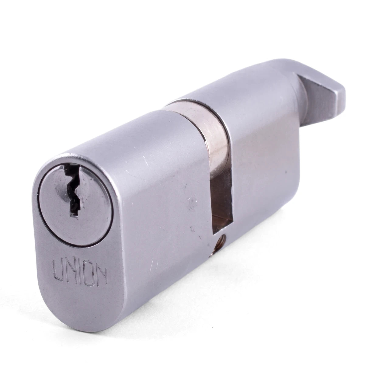 Silver 2x13 oval key and turn cylinder lock, metal finish, shown at an angle with the keyhole on the left and a turn knob on