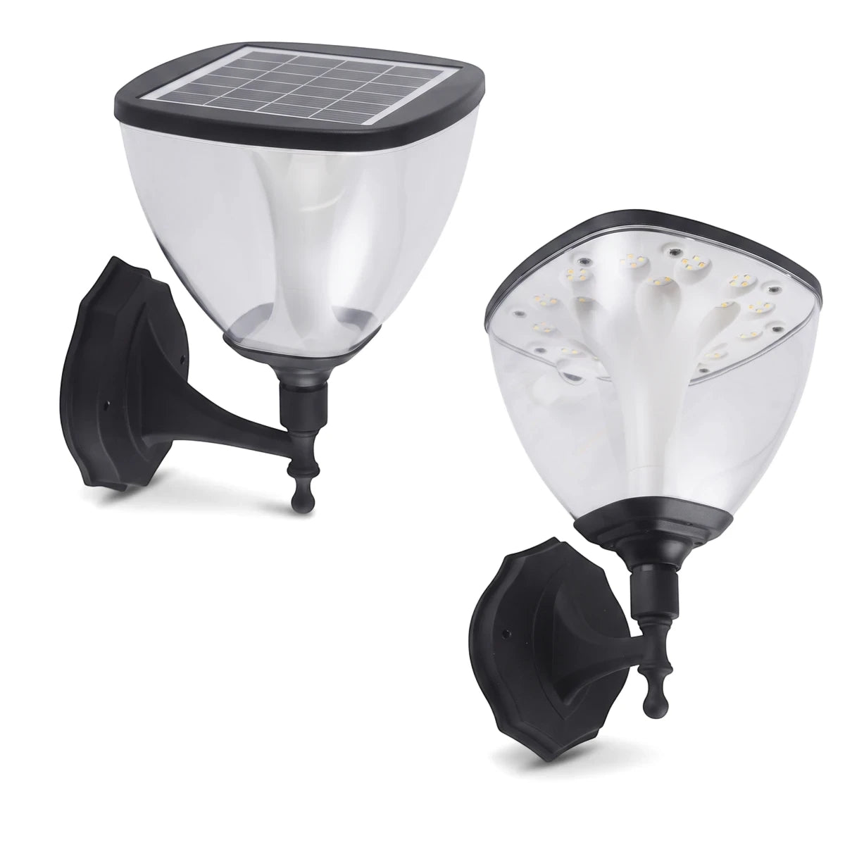 Two 3.3W Outdoor Solar Led Lights With Sensor, black and clear plastic, wall-mounted, shown from top and bottom views.