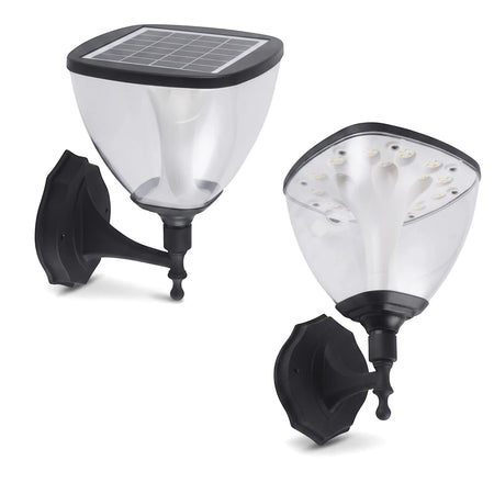 Two 3.3W Outdoor Solar Led Lights With Sensor, black and clear plastic, wall-mounted, shown from top and bottom views.