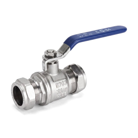 A 3/4 inch copper X copper lever ball valve, featuring a polished metallic body and a prominent blue quarter-turn handle,