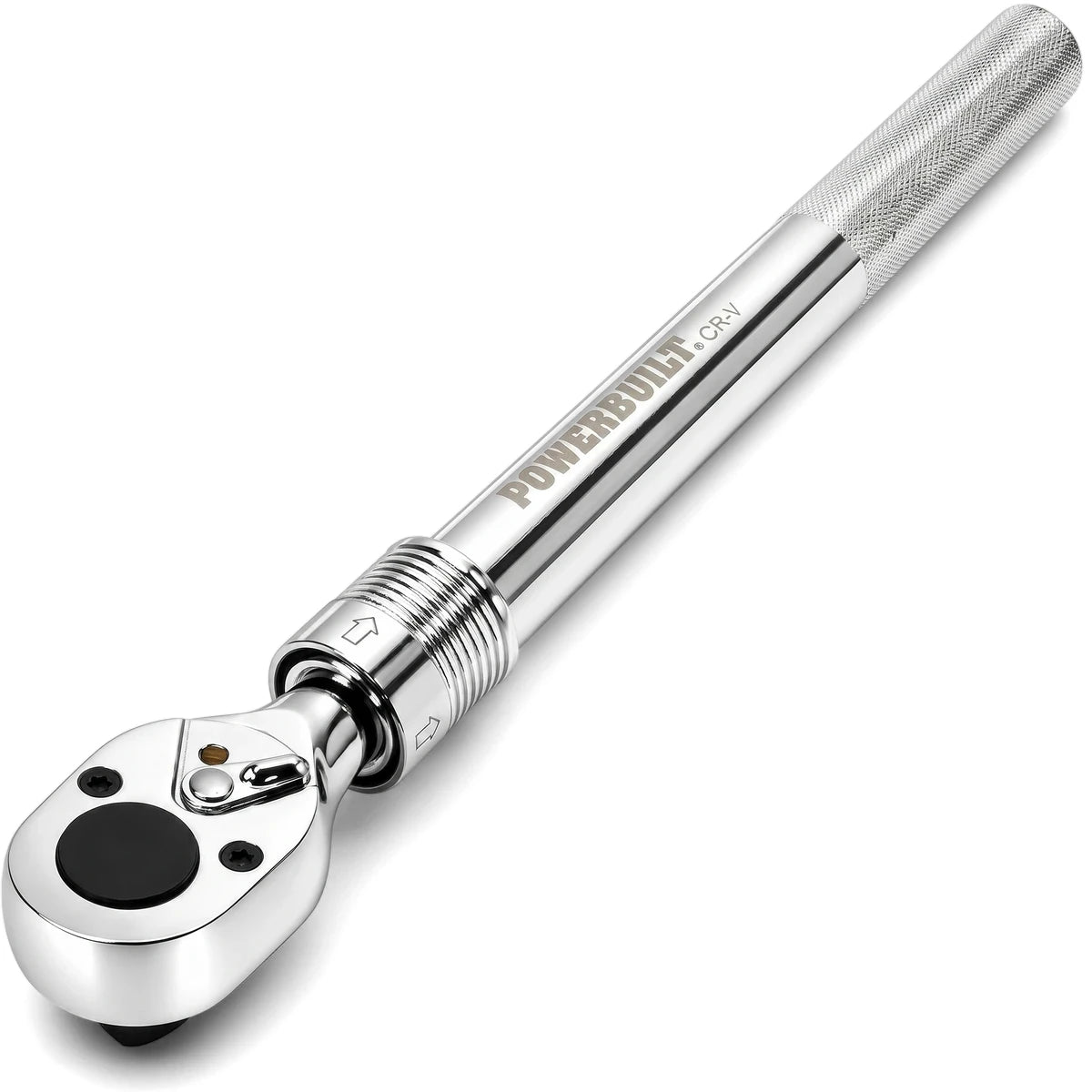 A chrome 3/4-inch drive quick-release ratchet with a knurled handle and "POWERBUILT" branding.