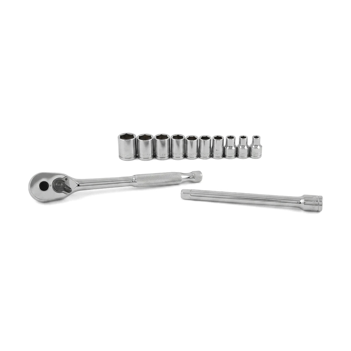 A 12-piece 3/8-inch drive chrome socket set, including a ratchet, extension bar, and twelve sockets, displayed on a white