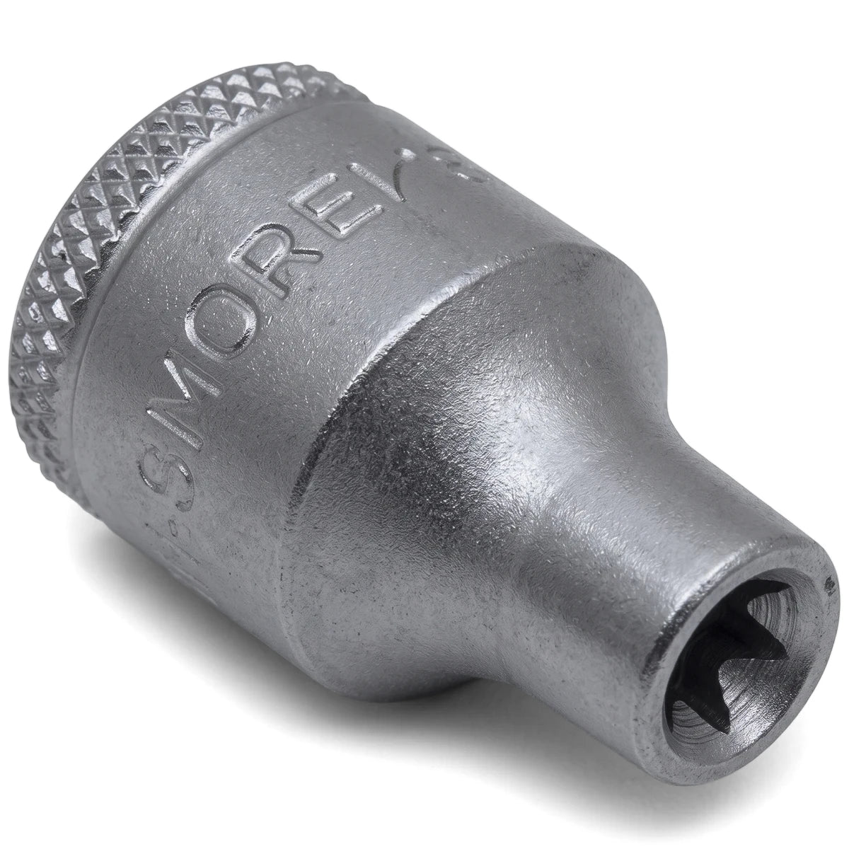 A gray metallic 3/8-inch drive female Torx E8 socket, featuring a knurled grip and star-shaped opening, shown in a close-up.