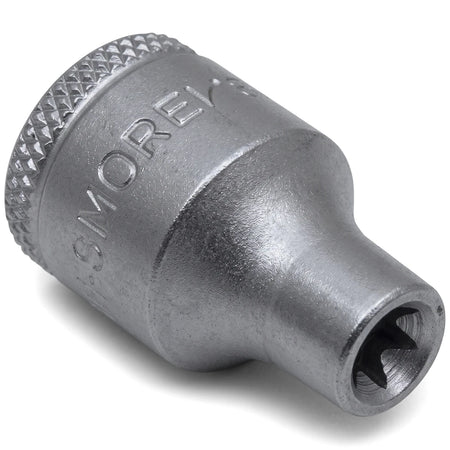 A gray metallic 3/8-inch drive female Torx E8 socket, featuring a knurled grip and star-shaped opening, shown in a close-up.