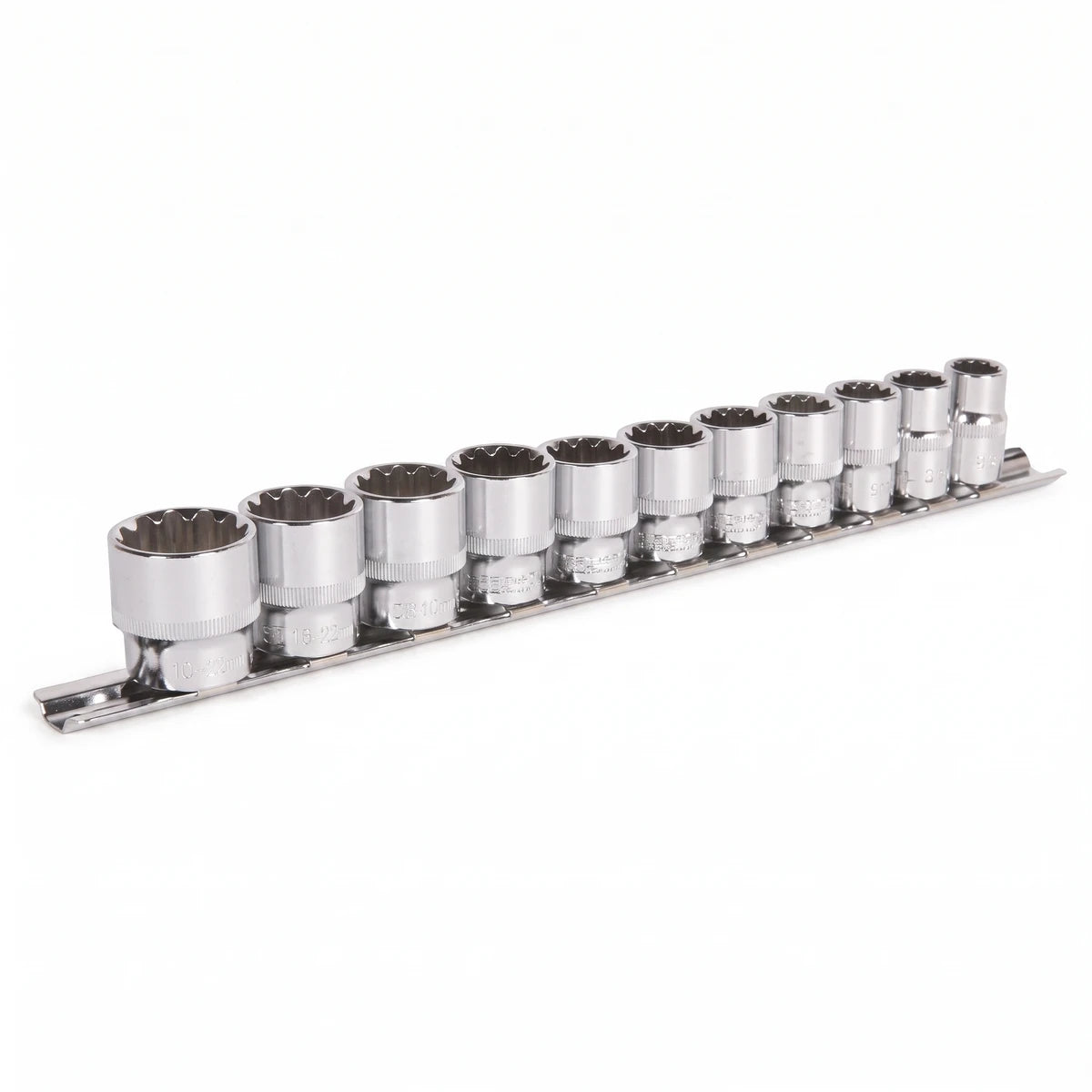 Eleven-piece chrome 3/8-inch drive socket set ranging from 10mm to 22mm, neatly arranged on a metal rail.