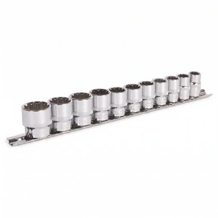 Eleven-piece chrome 3/8-inch drive socket set ranging from 10mm to 22mm, neatly arranged on a metal rail.