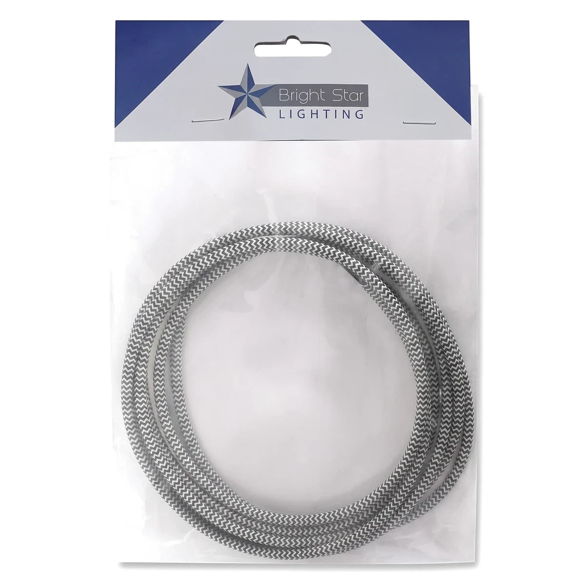 Grey and white zigzag patterned 3-core fabric cable cord wire, 5M length, in clear retail packaging with a Bright Star