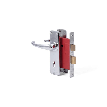 3 Lever Lockset Blister with a chrome lever handle and visible red and brass mortise mechanism, shown on a white background.