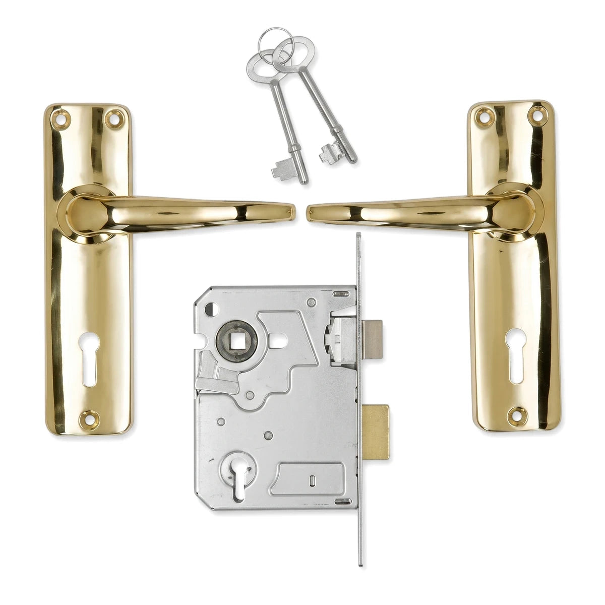 3 Lever Lockset Victorian Scroll with polished gold handles, a silver lock mechanism, and two silver keys on a white