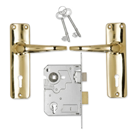 3 Lever Lockset Victorian Scroll with polished gold handles, a silver lock mechanism, and two silver keys on a white