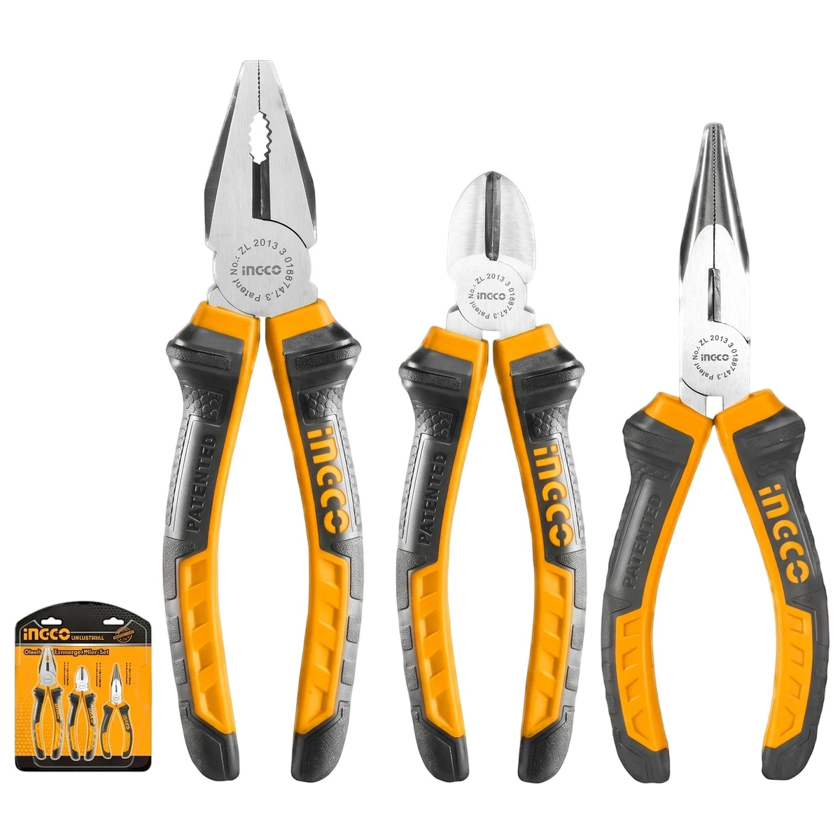 3 Piece Plier Set with combination, diagonal cutting, and long nose pliers featuring yellow and black handles, displayed on