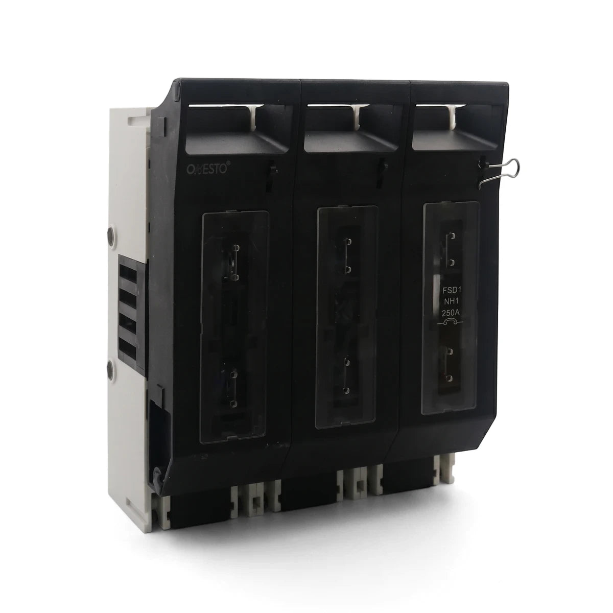 Black and white 3 Pole Fuse Switch Fuse Holder with 250A rating, showing three fuse compartments and OESTO branding.